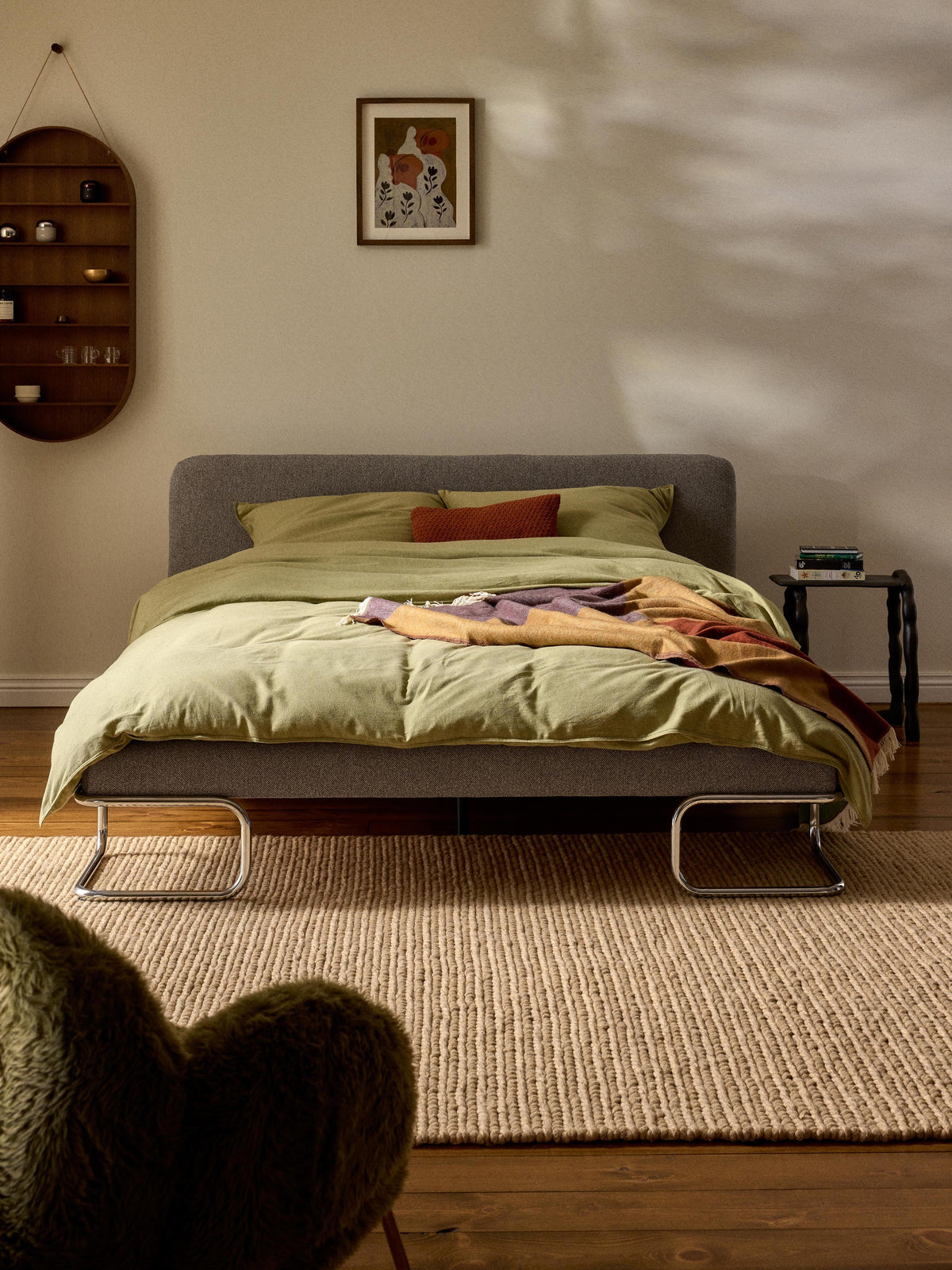 Olverta Bouclé Upholstered Bed with Metal Legs