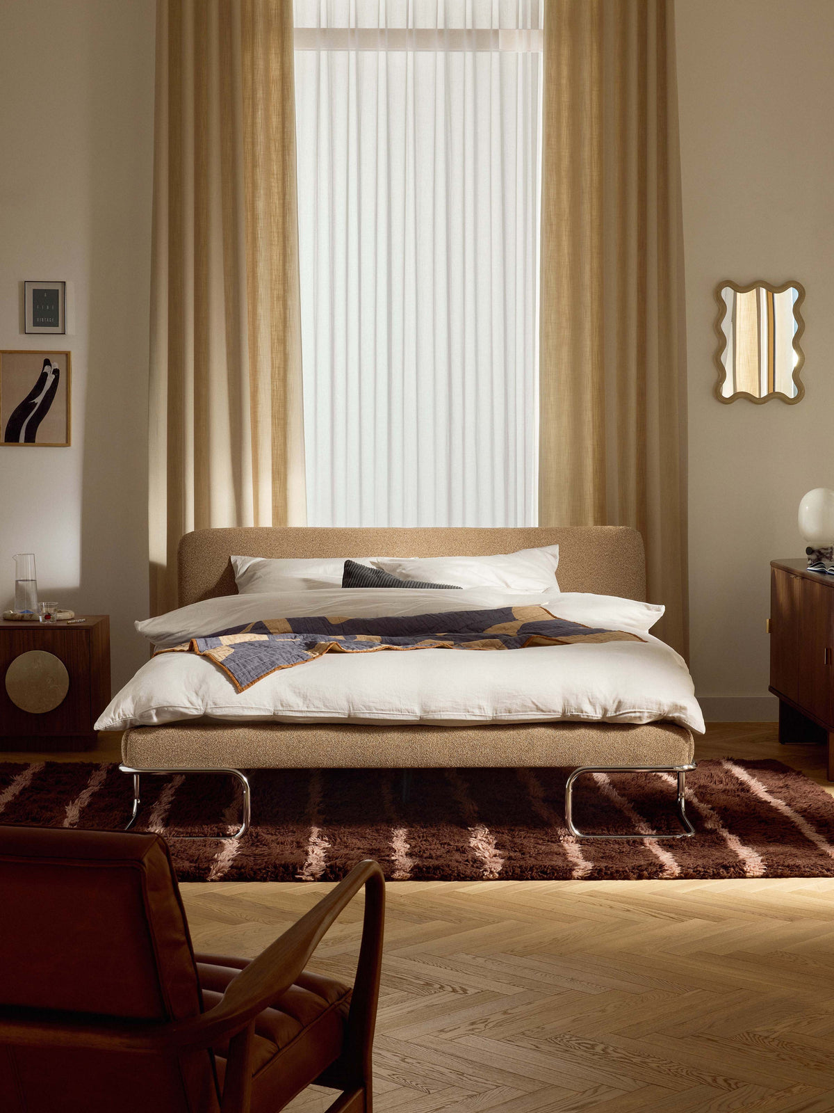 Olverta Bouclé Upholstered Bed with Metal Legs
